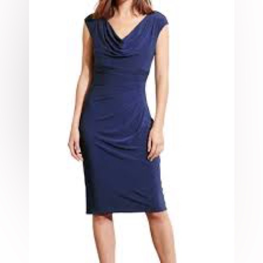37 Ralph Lauren Navy Blue Draped Sheath Dress Cap Sleeve Ruched Midi Size 2